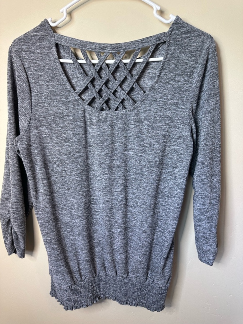 Apt. 9 SMALL Heather Gray Lattice-Back 3/4 Sleeve Top w/Wide Elastic Hem P2P 19”